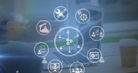 Poster - Animation of multiple digital icons spinning over mid section of man using smartphone at office