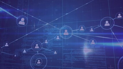Poster - Animation of network of profile icons, data processing and light trails against blue background