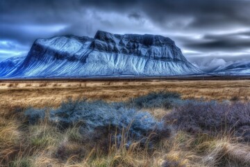 Poster - majestic mountain peak with a dramatic cloudy sky. generative ai