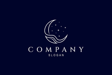 Sticker - beautiful crescent moon logo decorated with sparkling stars in one continuous line design concept