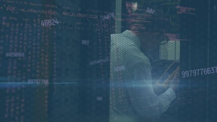 Poster - Animation of changing numbers and data processing on caucasian male engineer working at server room