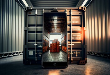 Cargo container in hangar. Open sea container in smartphone screen. Packaging for logistics business. Container for transportation and storage of goods. Template for transport company.. Generative AI