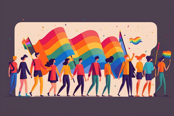 Wall Mural - People group holding rainbow flag, lgbt pride festival concept. Generative ai.