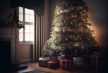 Christmas tree decorated with presents. Generative AI