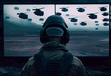 Soldier Remotely Controlling An Army Of Military Drones, Visible On The Digital Screen. An Indispensable Technology For The Conflicts Of The 21st Century. Generative AI