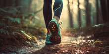 Lady Trail Runner Walking On Forest Path With Close Up Of Trail Running Shoes. The Runner In Motion, With One Foot Lifted Off The Ground And The Other Firmly Planted On The Forest Path. Generative AI