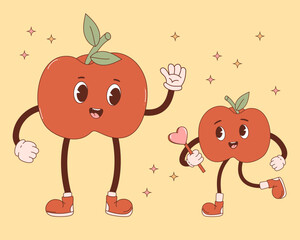 Wall Mural - Happy retro character apple mom with baby. Groovy fruits. Nostalgic Vector Illustration. Aesthetic modern art family apple mascot for design, baby collection, decor, postcards.