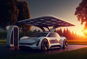 Electric car with solar panels charging station design and futuristic concept. Ai generated. Generative AI