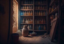 Empty Dusty Store With Jars And Bottles On Shelves In Old Middle Eastern Market. Generative AI