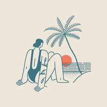 Girl Sitting On The Beach Vintage T Shirt Design Template.