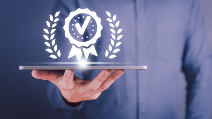 Poster - Businessman hand hold tablet show the sign of the top service quality assurance, satisfaction, service experience, ISO certification, standardization guarantee and industrial standard concept.