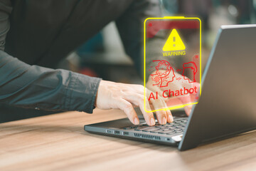 Poster - Adult man using laptop chatting with a smart AI using an artificial intelligence chatbot with triangle caution warning sign for notification error concept. Chat with AI, Artificial Intelligence.
