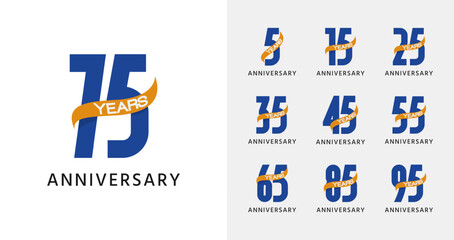 Set of elegant anniversary logo with ribbon icon. Birthday vector template for company celebration