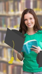 Poster - Animation of graduation hats falling over caucasian female student with book