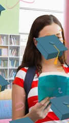 Poster - Animation of graduation hats falling over caucasian female student with book
