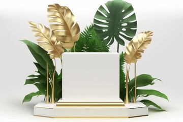 Poster - Generative AI of blank product display podium with tropical leaves. Minimal abstract background. Scene for cosmetic product presentation.