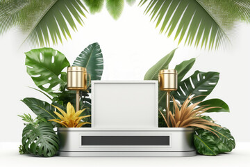 Poster - White podium with tropical plants on white background. Generative AI
