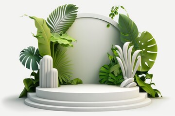 Poster - Generative AI of white podium with tropical leaves background. Scene for product presentation.