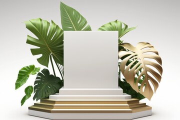 Poster - Generative AI of blank display podium with tropical leaves on white background