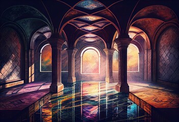 squared tiled room with waterway aqueducts, fantasy, intricate, ornate, soft glowing colorful watercolor. Generative AI Technology