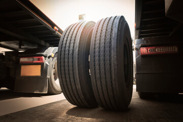 Wall Mural - Truck Spare Wheels Tires Waiting for to Change. Tractor Truck Wheels. Freight Trucks Transport. Workshop Auto Service.