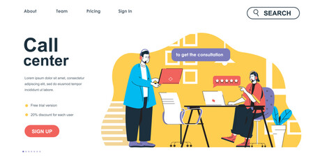 Poster - Call center concept for landing page template. Man and woman in headsets answering customers. Technical support consultation people scene. Vector illustration with flat character design for web banner