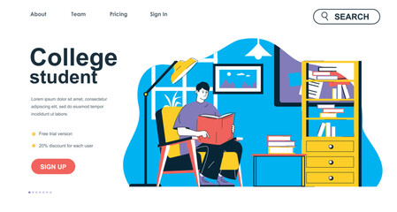 Poster - college student concept for landing page template. young man reading book and learns subject from te
