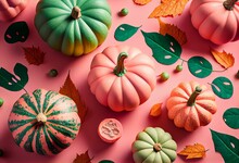 Autumn Pattern With Pink And Green Pumpkins And Leaves On A Pink Background. Generative AI