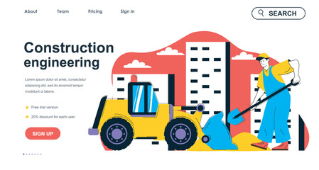 Poster - Construction engineering concept for landing page template. Builder with shovel working with bulldozer. Real estate business people scene. Vector illustration with flat character design for web banner