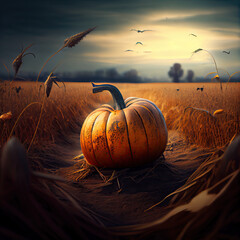 Wall Mural - scary pumpkin lying on the field. autumn. Generative AI