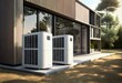 Air source heat pumps installed on the garden front  of a modern house. Renewable energy concept. Generative AI