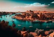 Aswan downtown with sailboats, panoramic view on the Nile, Egypt. Generative AI