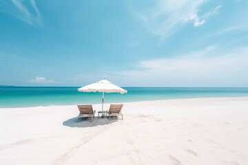 Beautiful beach, white sand chairs and umbrellas.