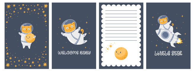 Wall Mural - Baby shower template set. Cute cat astronaut, flying on a rocket, waving and holding the moon in his hands. Birthday invitation template 