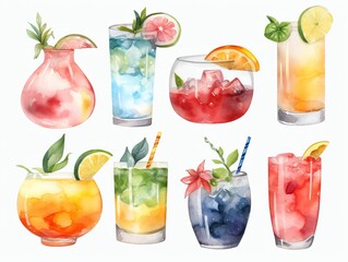 Wall Mural - Set of cocktails, summer drinks watercolor clipart. Generative ai