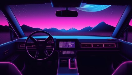 Poster - Car driving interior in cyber anime mountain at night with purple-blue theme anime illustration city, illustration, purple, Generative AI