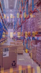 Poster - Animation of statistics processing over globe and cardboard boxes in warehouse