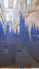 Poster - Animation of statistics processing over globe and cardboard boxes in warehouse
