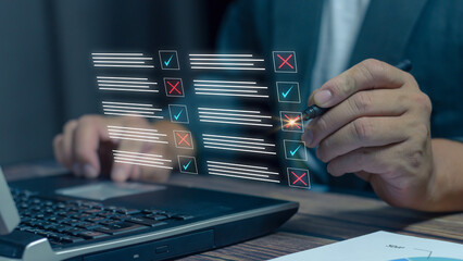 businessman tick correct mark for document approval, questionnaire, service , assessment validation,