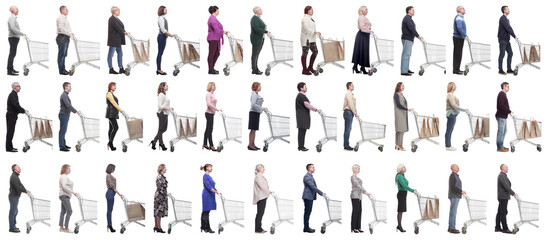 Wall Mural - group of people with cart looking ahead isolated on white