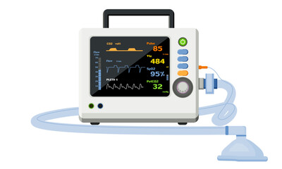 Medical equipment automatic transport ventilator The screen displays the patient's vital signs, device mask or tube for the patient. Life Support or Resuscitation