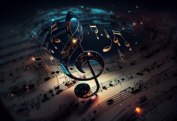 Music background design.Musical writing.3d illustration of musical notes and musical signs of abstract music sheet.Songs and melody concept. Generative AI