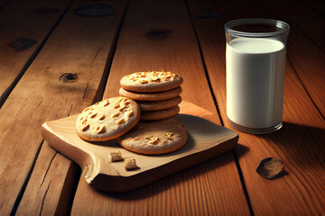 Wall Mural - Front view of glass cup filled with milk and cookies. Generative Ai