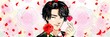 赤い薔薇の花を片手に甘いマスクで誘う黒髪イケメン男子の少女漫画風ワイドサイズイラストと花吹雪