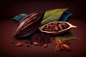 Wall Mural - Dark chocolate pieces crushed and cocoa beans, top view. Generative Ai