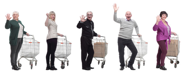 Wall Mural - group of people with trolley greet isolated on white