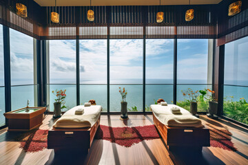 Wall Mural - Massage spa in Bali where you can see the beautiful ocean view, Generative AI