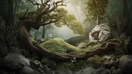 Wall Mural - Ying and yang life and death serene forest scene, forest connected with natural forces, generative ai