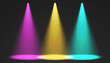 Stage limelight. Yellow, pink, blue cone lights from top with darkened edges. Volumetric spotlight effect on dark background. Empty studio or concert scene. 3d rendering.