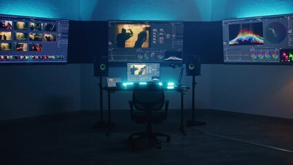 Fototapete - Studio with modern equipment for color correction. Computer, digital tablet and big screens showing color grading program interface with movie footage, RGB graphics and color wheels. Post production.
